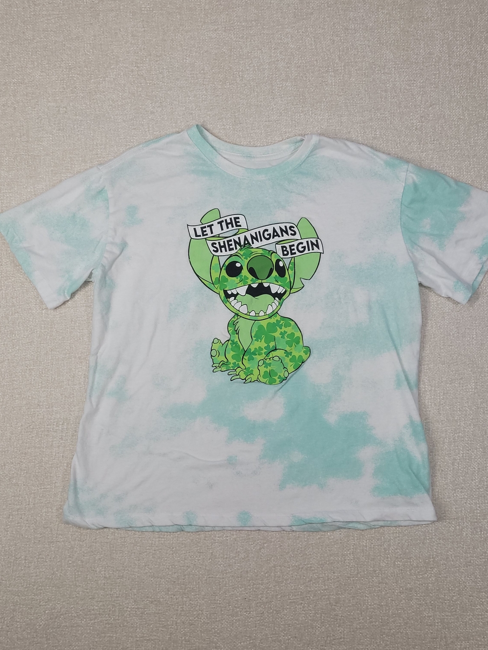 Disney White and Mint Tie-Dye Tee with Green Stitch Graphic